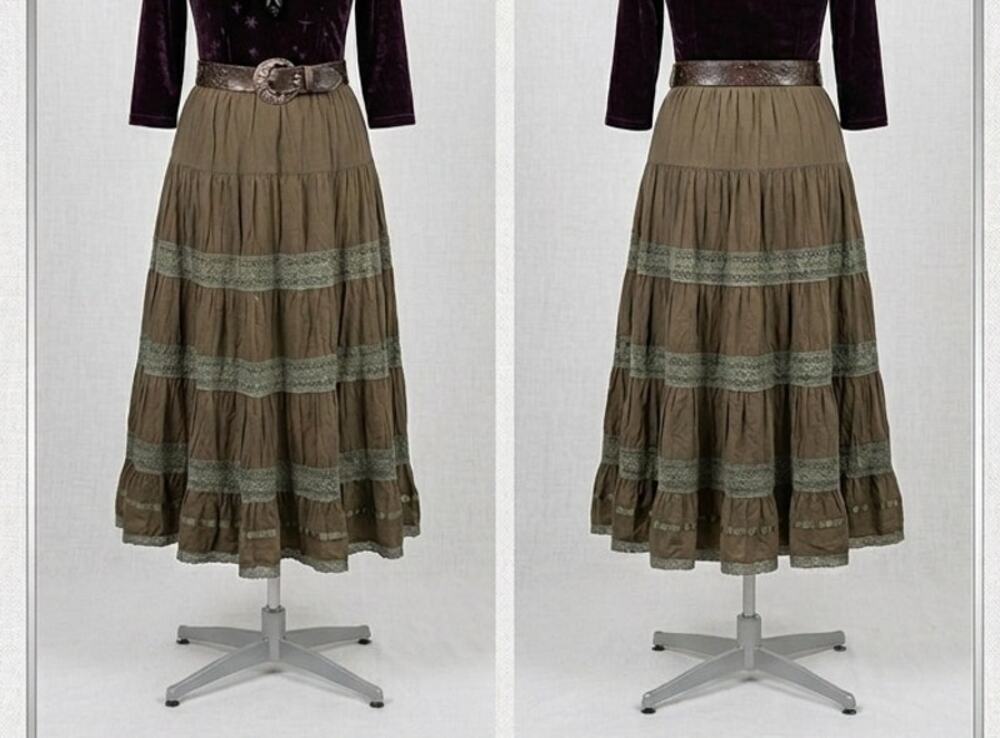 Vintage Apt. 9 Olive Green Tiered Broomstick Maxi Skirt Boho Lace Large/XL